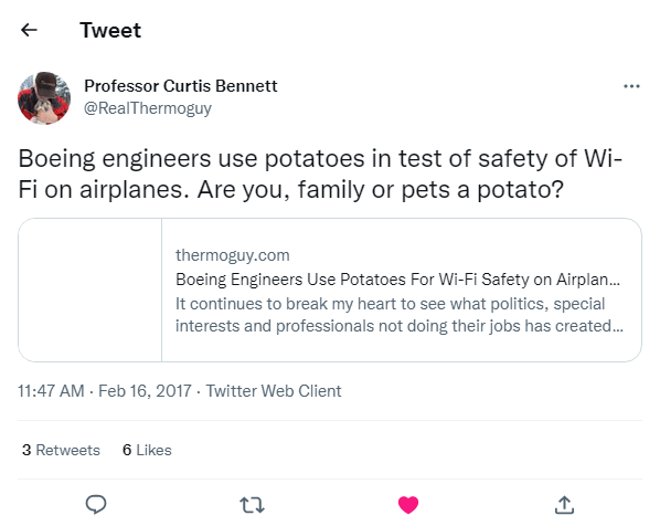 Boeing engineers use potatoes in test of safety of Wi-Fi on airplanes. Are you, family or pets a potato?