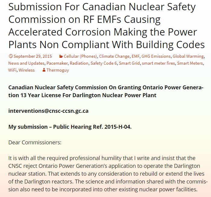Submission For Canadian Nuclear Safety Commission on RF EMFs Causing Accelerated Corrosion Making the Power Plants Non Compliant With Building Codes
